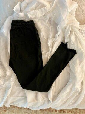 Black Denim Stretch Pants with Raw Hem designed by Avery Rayne